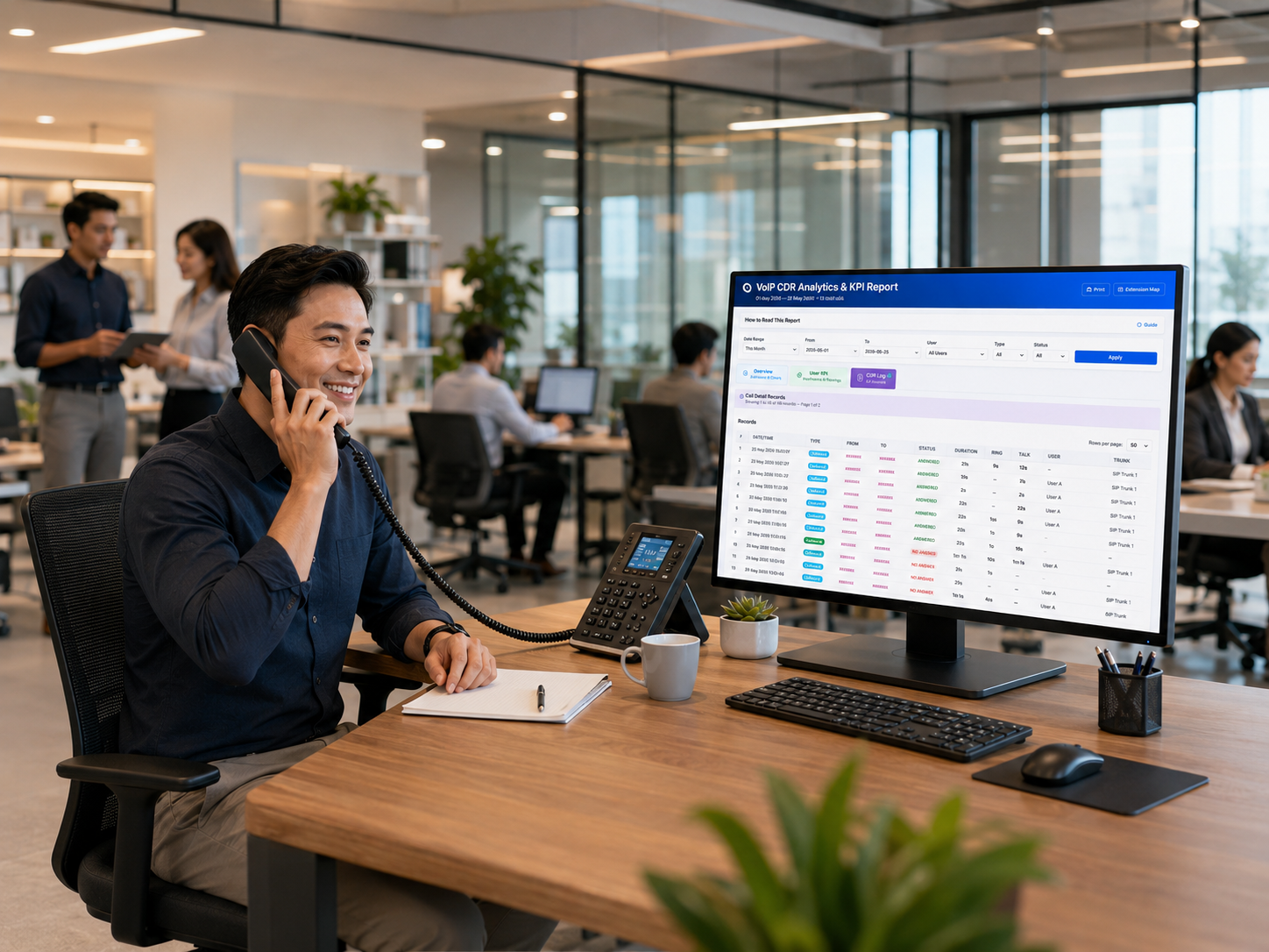 PBX.com.my VoIP Analytics KPI dashboard showing total calls answered calls missed calls and call duration