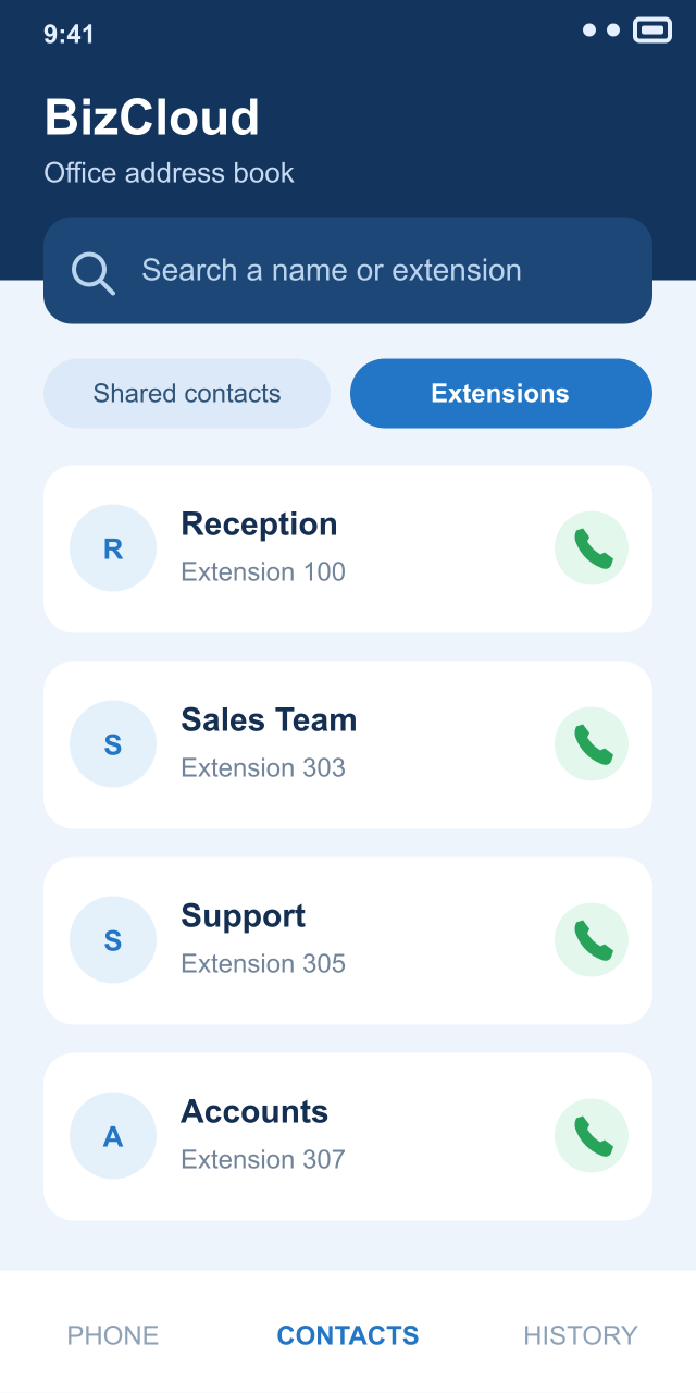 Illustrative BizCloud office address book with colleague extensions and call buttons