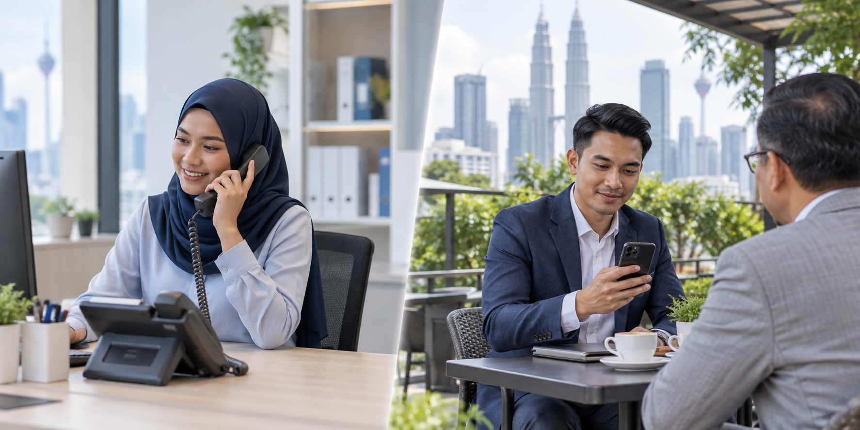 Receptionist answering an IP desk phone while a salesperson with a client checks a mobile softphone