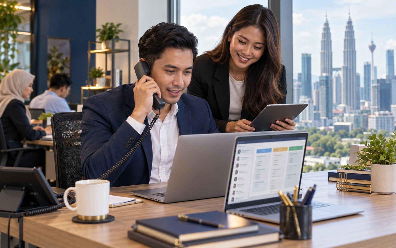 Sales consultant handling a customer call while the team reviews CRM follow-ups.