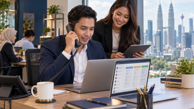 Sales team managing customer calls and CRM follow-ups