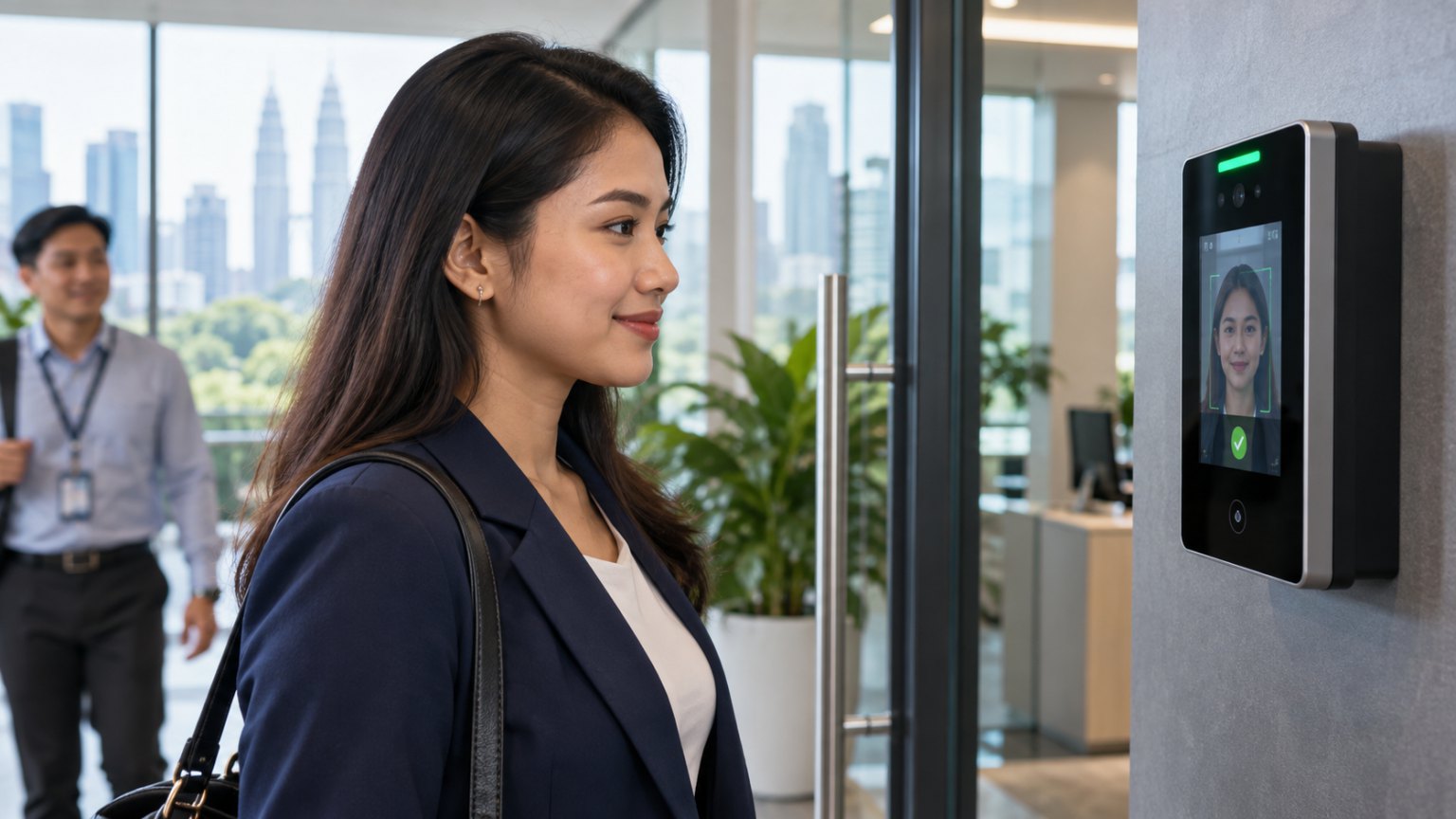 Employee checking in with a facial recognition attendance terminal at the office.