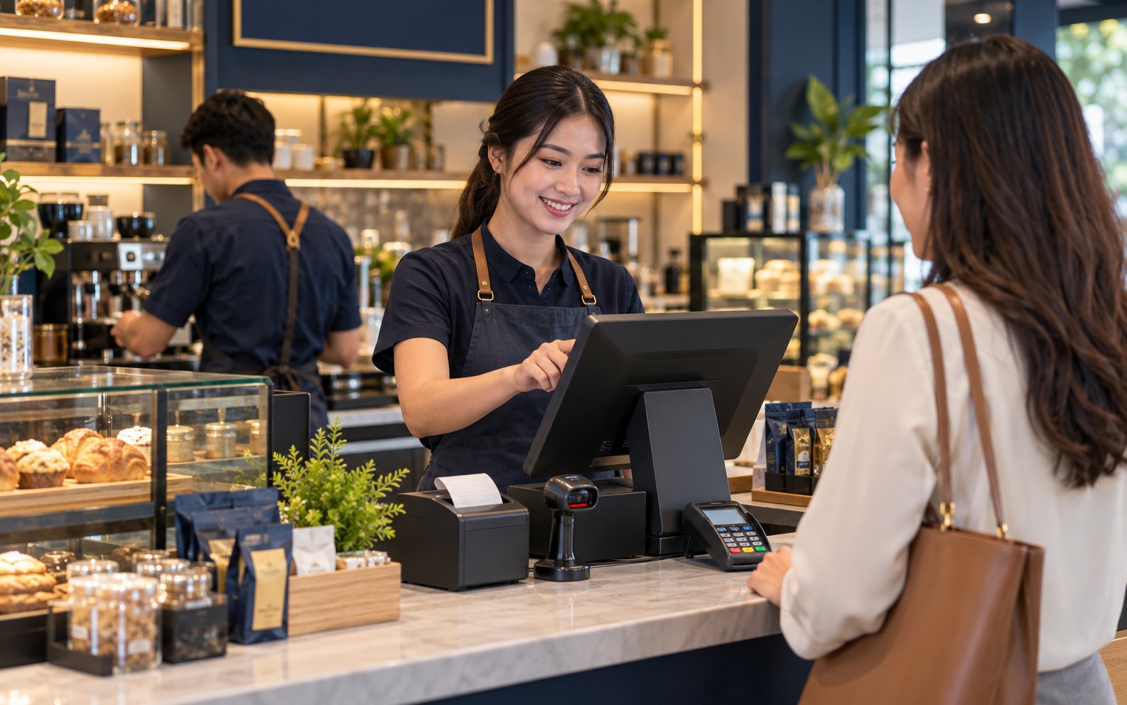 Cashier completing a sale with a touchscreen POS, receipt printer and barcode scanner.