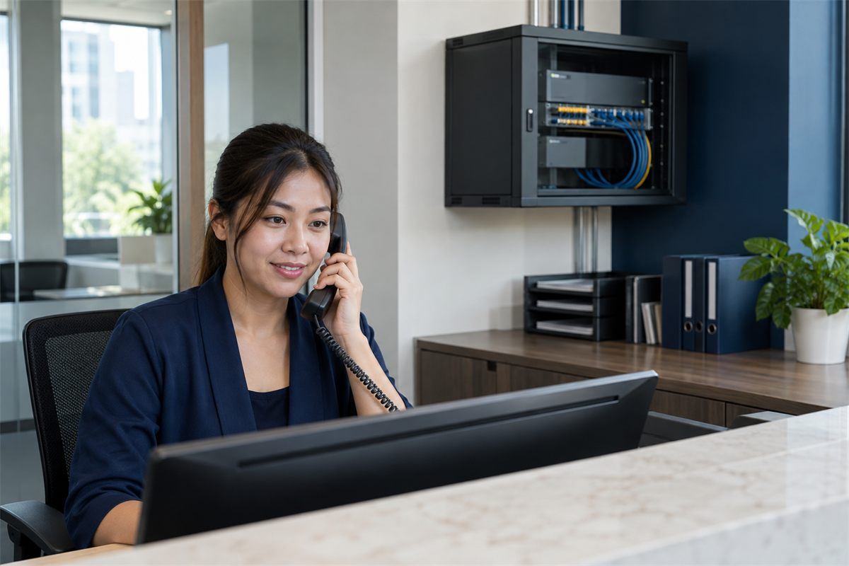 Receptionist taking a business call beside an on-site office PBX communications cabinet